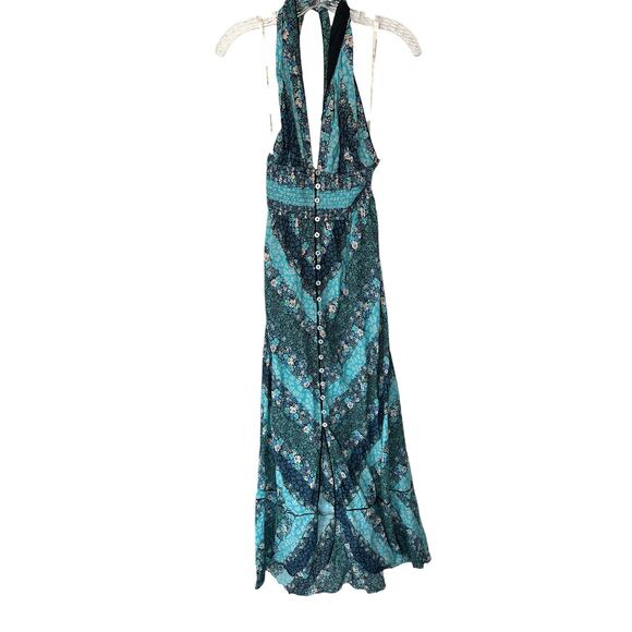 Shoshanna Blue Floral Button Front V-Neck Smocked Halter Midi Dress Size Medium - Picture 2 of 11